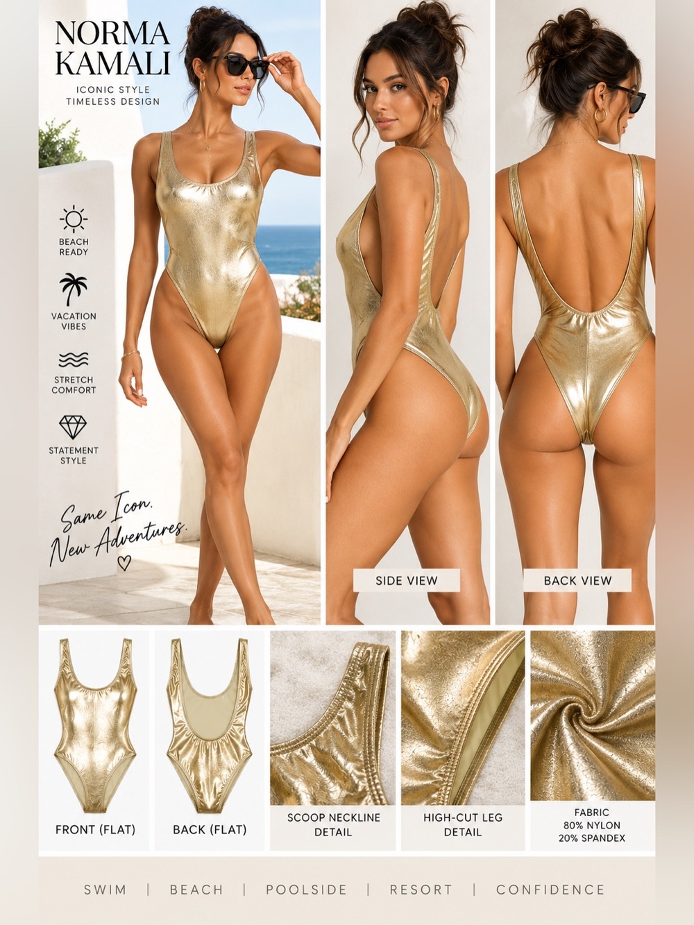 Norma Kamali Metallic Gold One Piece Swimsuit XS High Cut Scoop Back
